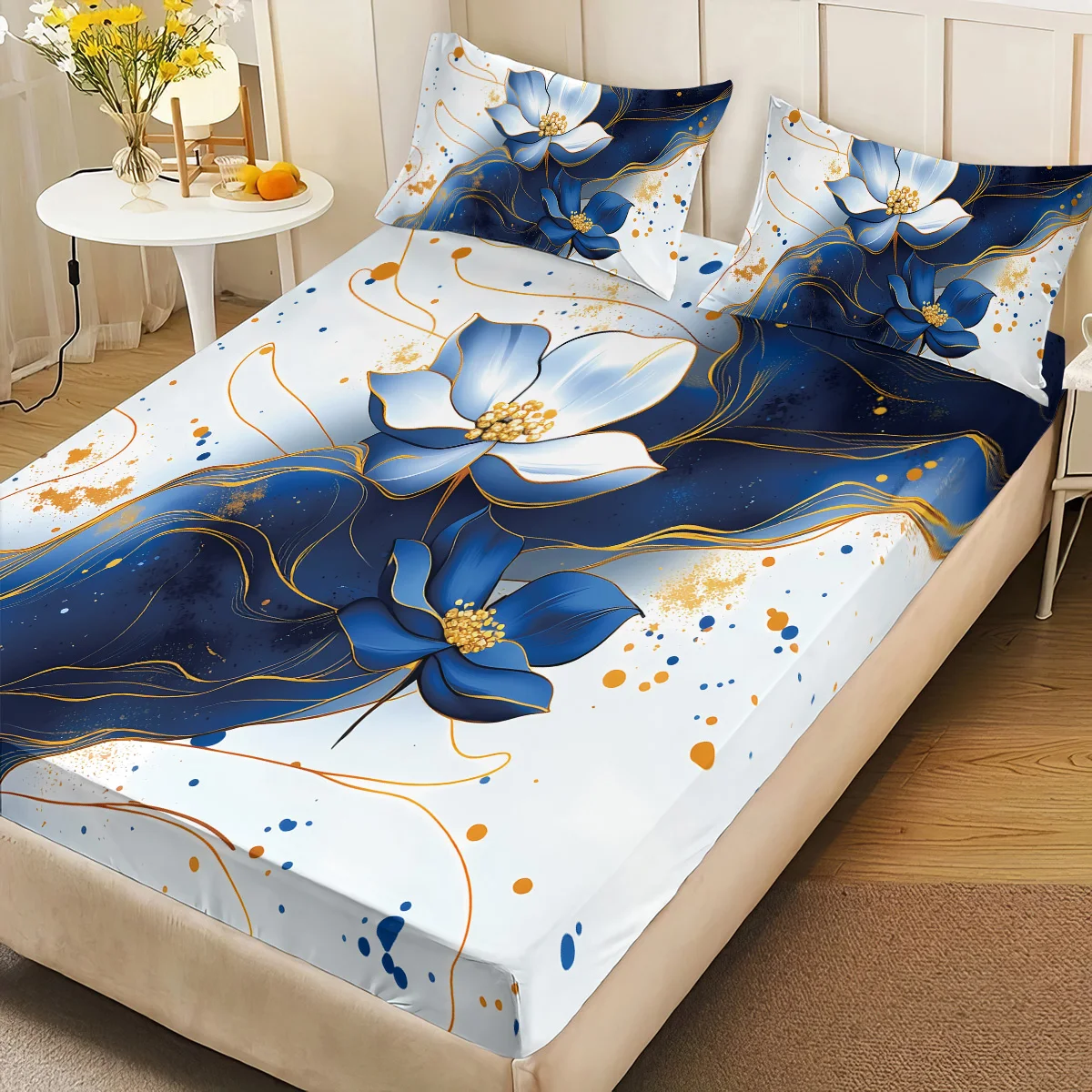 3pcs Ink Wash Floral Print Coreless Bed Sheet Set With Multiple Sizes, Soft Bed Covers, Bedroom Bedding Decorations, Washable