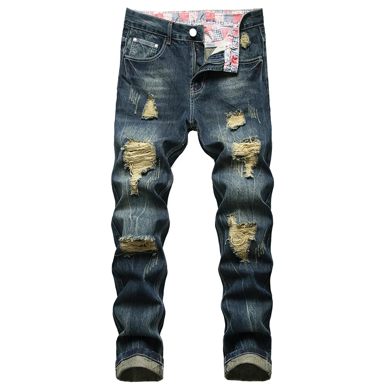 Denim Casual Ripped Trousers Men's Fashion Long Plus Size 28-42 Jeans Hole Ruined Ripped Cotton s Dark Blue Dropship