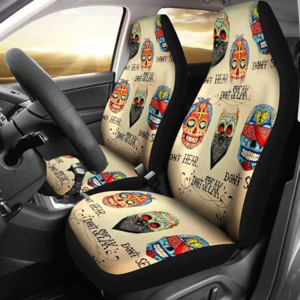 Set Of 2 No Hear No See No Speak Sugar Skull Car Seat Cover,Pack of 2 Universal Front Seat Protective Cover