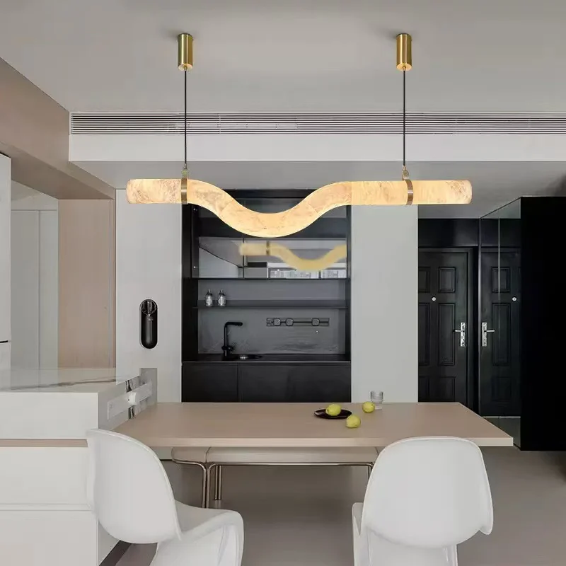 Modern Simple Natural Marble Designer Light for Villa Restaurant Bar Long Copper Custom Lamps Glass Ball Leather Chandelier