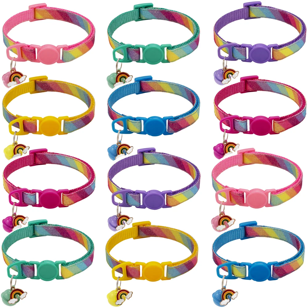 Cute Rainbow Dog Collar for Cat Safety Pet Dog Adjustable Neck Strap with Bell Chihuahua Kitten Puppy Dog Collar Pet Accessories