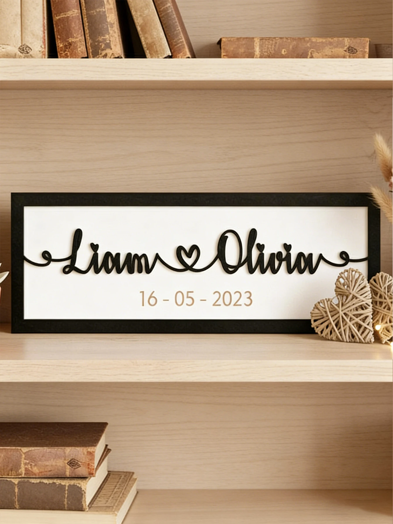 Custom Couple Names Heart Linked Wooden Frame Sign Wedding Engagement Anniversary Tabletop Farmhouse Home Decor Romantic Keepsak