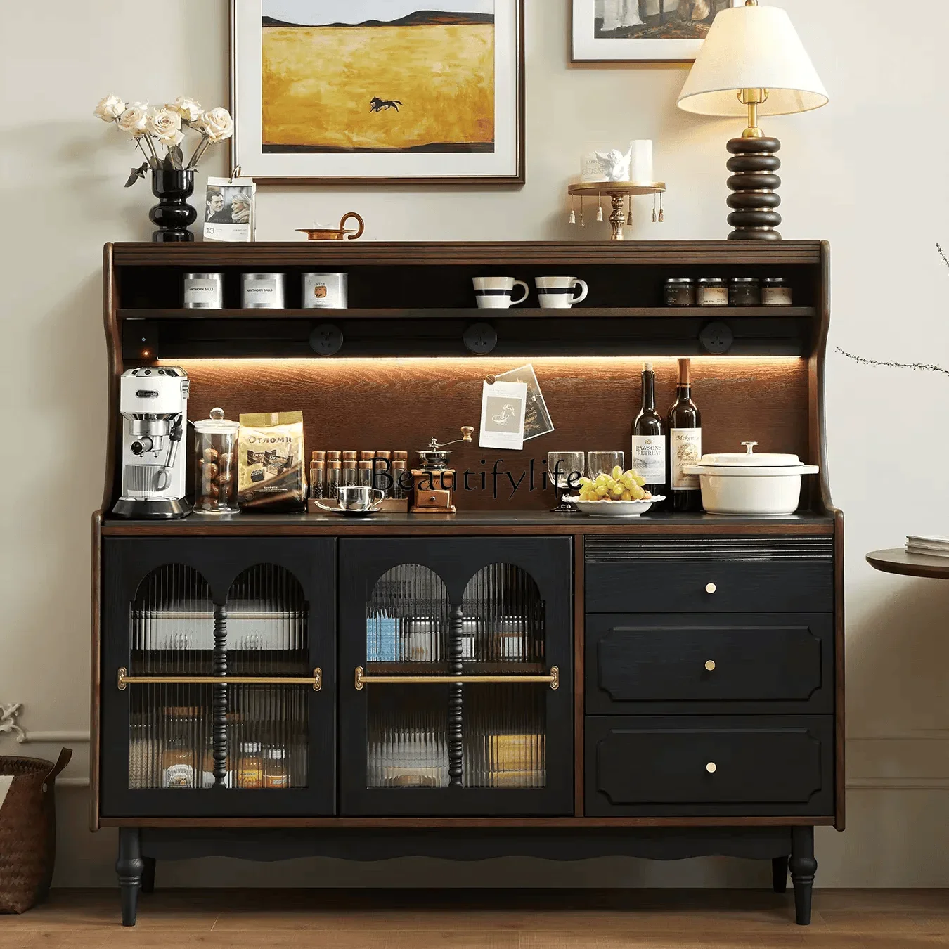 

Z.American retro solid wood dining side cabinet, antique living room wall storage cabinet