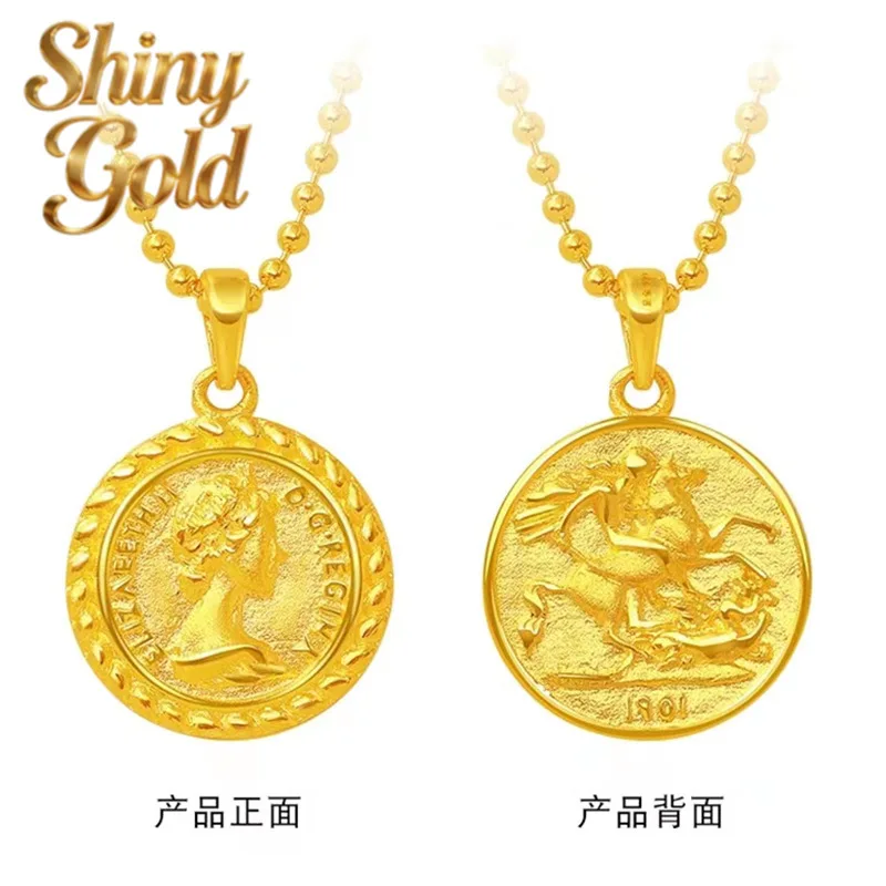 ShinyGold Women's 24K Gold AU999 Majestic Double-Sided Queen Necklace Ancient-chiseled Crown With Iris-lion Motifs, Regal For F