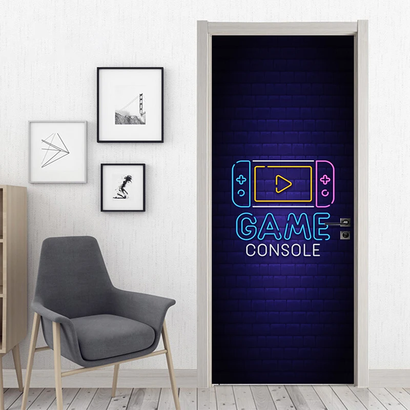 

Neon Punk Game Door Sticker Splash Ink Gamepad Wallpaper Gaming Murals PVC Waterproof Self-adhesive Teens Bedroom Decor Poster