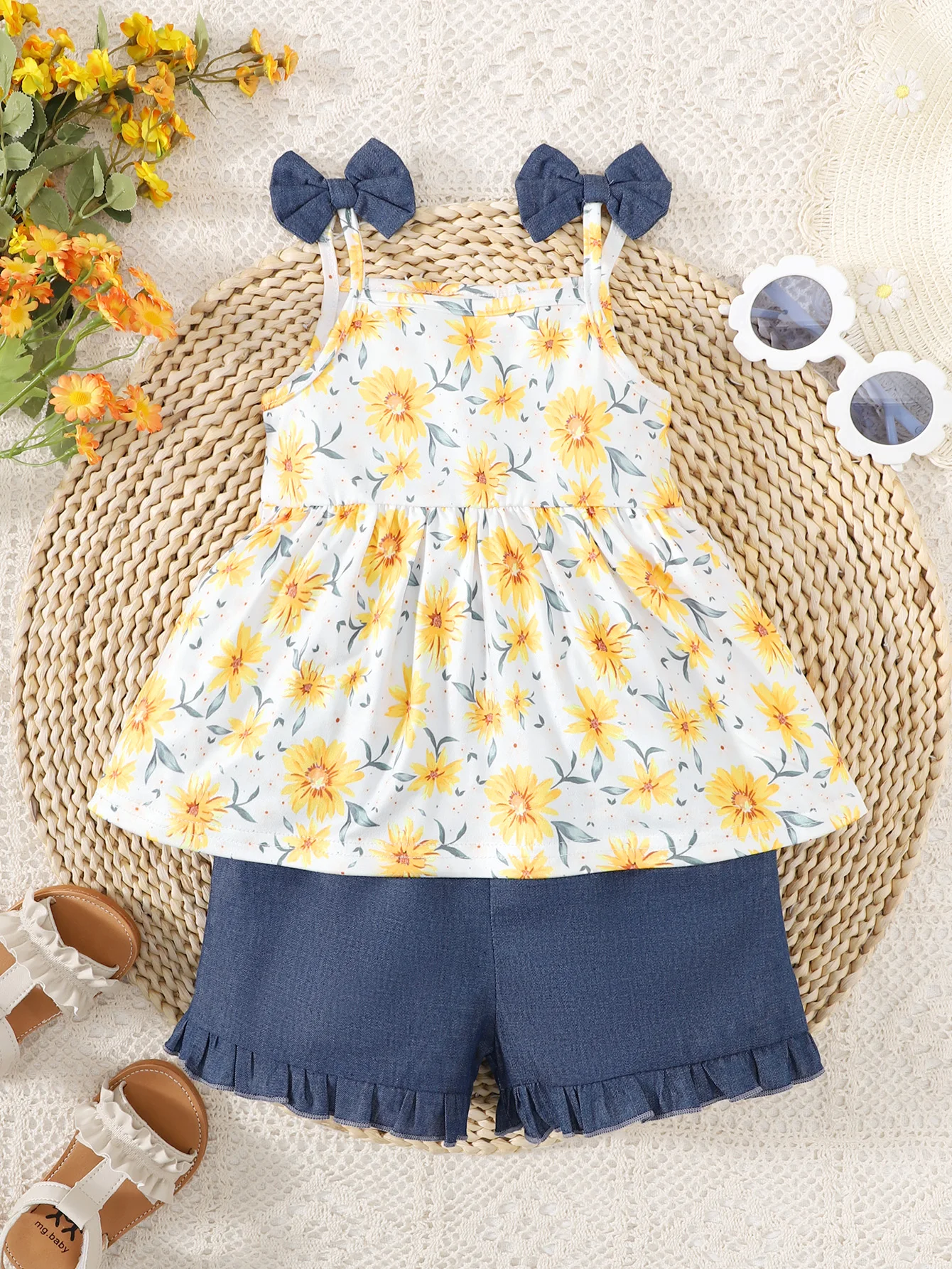 Toddler Baby Girl Bow Suspender Print Top Blue Shorts 2pcs/set 0-3 Year Old Baby Girl Summer Set Vacation Casual Wear