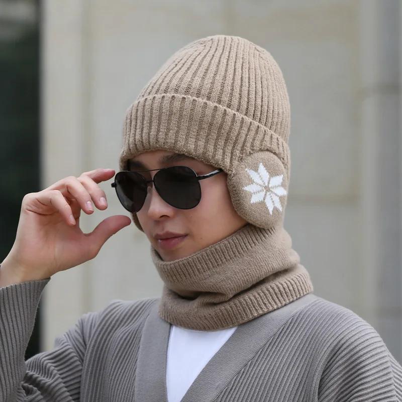 Outdoor Men Winter Knitted Hat Plush Warmth Peaked Cap Earmuff Casual Fashion Faux Fur Lined Bomber Hats Cycling Ear Protection