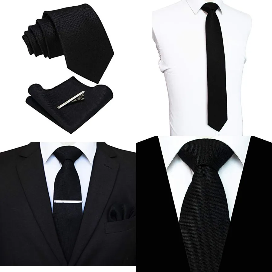 

Solid Color Wool Tie and Pocket Square with Tie Clip Sets for Men, Black