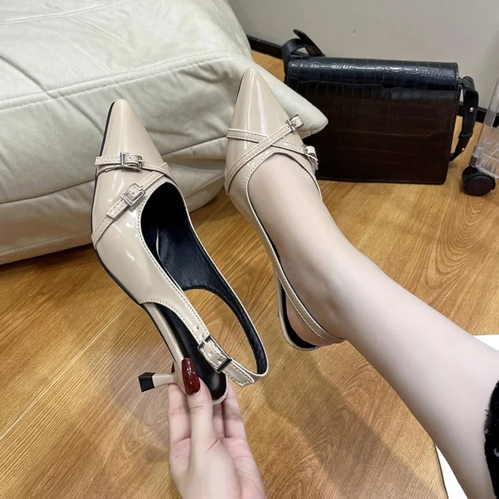 Modische Spitze Pumps mit Flachem Ausschnitt Neue Hochhackige Schuhe Sommer Elegante Stiletto-Schuhe mit Schnallendekoration Schwarze Damenschuhe – Detail 9