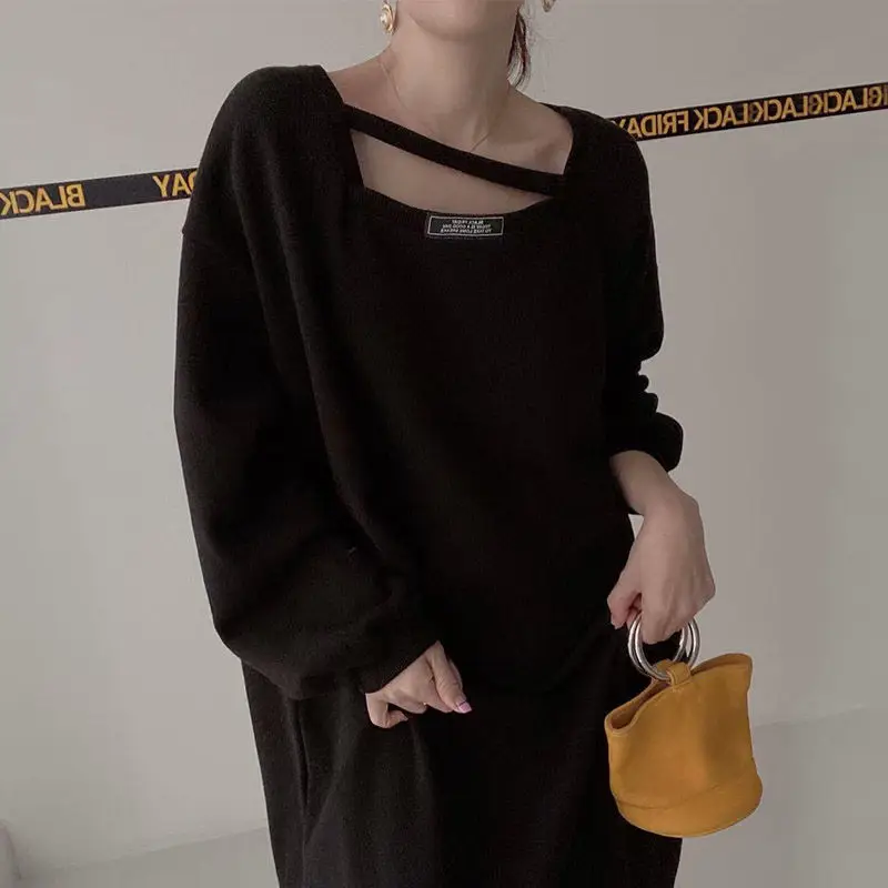 Casual Versatile Comfortable Commuting Lazy Style Square Collar Leaky Collar Bathroom Dress Autumn and Winter Loose Dress