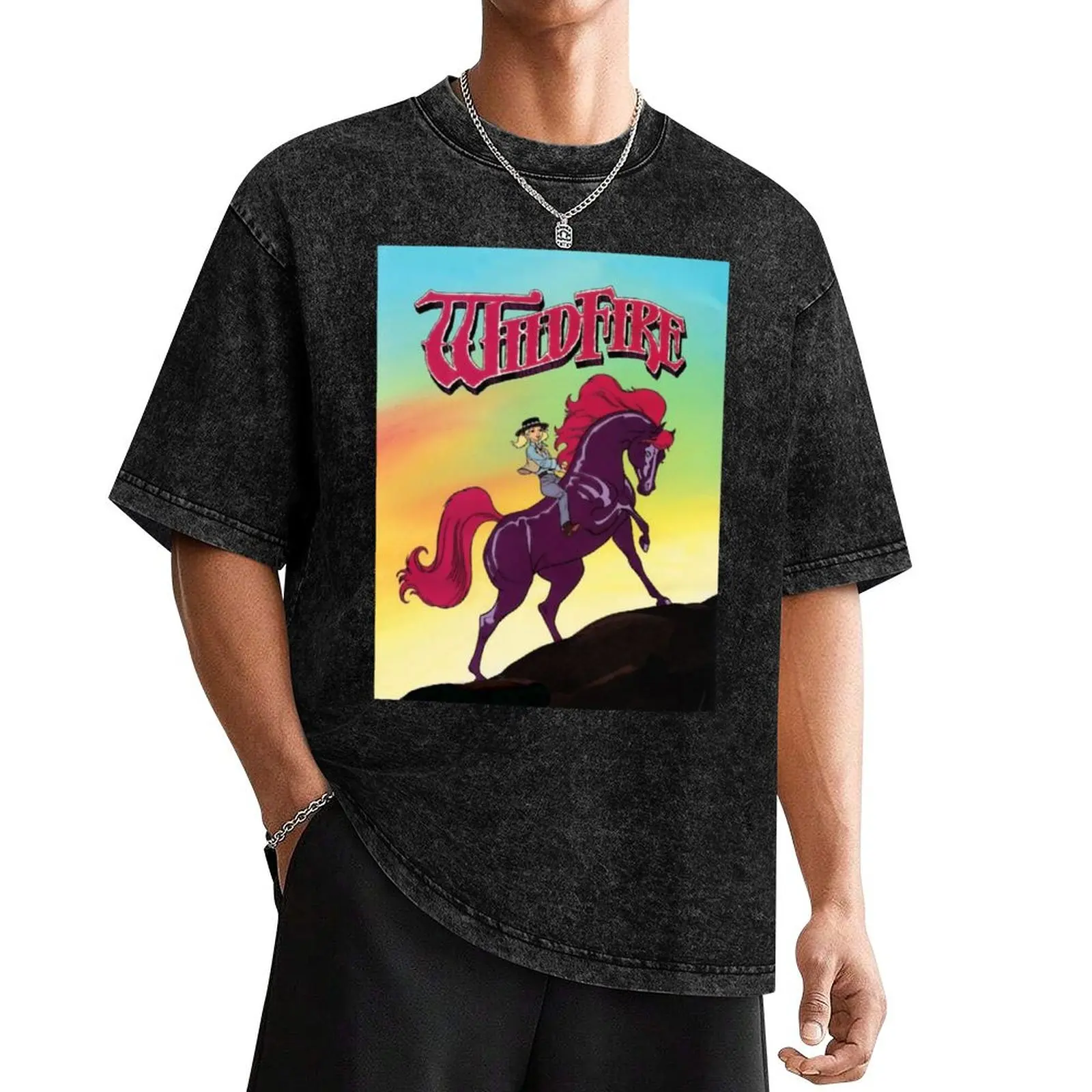 Wildfire - 80s horse cartoon T-Shirt cotton graphic tees blue archive designer shirts cotton t shirt men