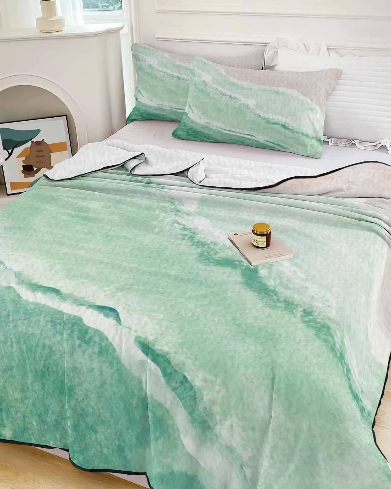 

Ocean Waves And Beach Gradient Green Summer Cooling Quilt Air Condition Blanket Comfortable Lightweight Bedroom Thin Quilt