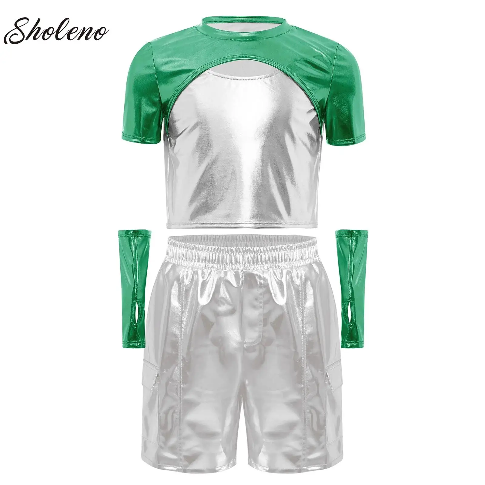 

Kids Girls Metallic Jazz Latin Dance Outfits Set Color Block Crop Top with Shorts Gloves Hip Hop Ballroom Performance Costume