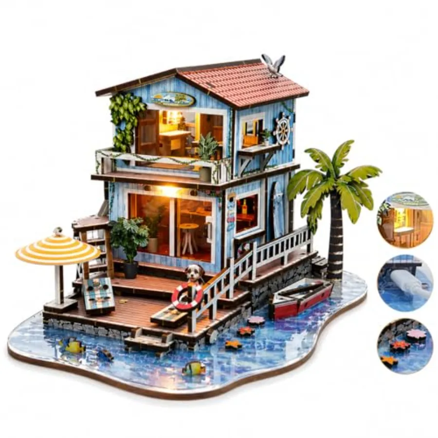 

Seaside Cabin 3D Wooden Puzzle Kit for Adults: Ocean Theme, Natural Wood Color, LED Light Feature, 244-Piece Booknook Dollhouse