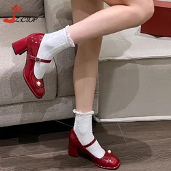 Wine Red High Heels Mary Jane Shoes for Women Vintage Square Toe Patent Leather Pumps Ladies Thick Heel Buckle Strap Party Shoes