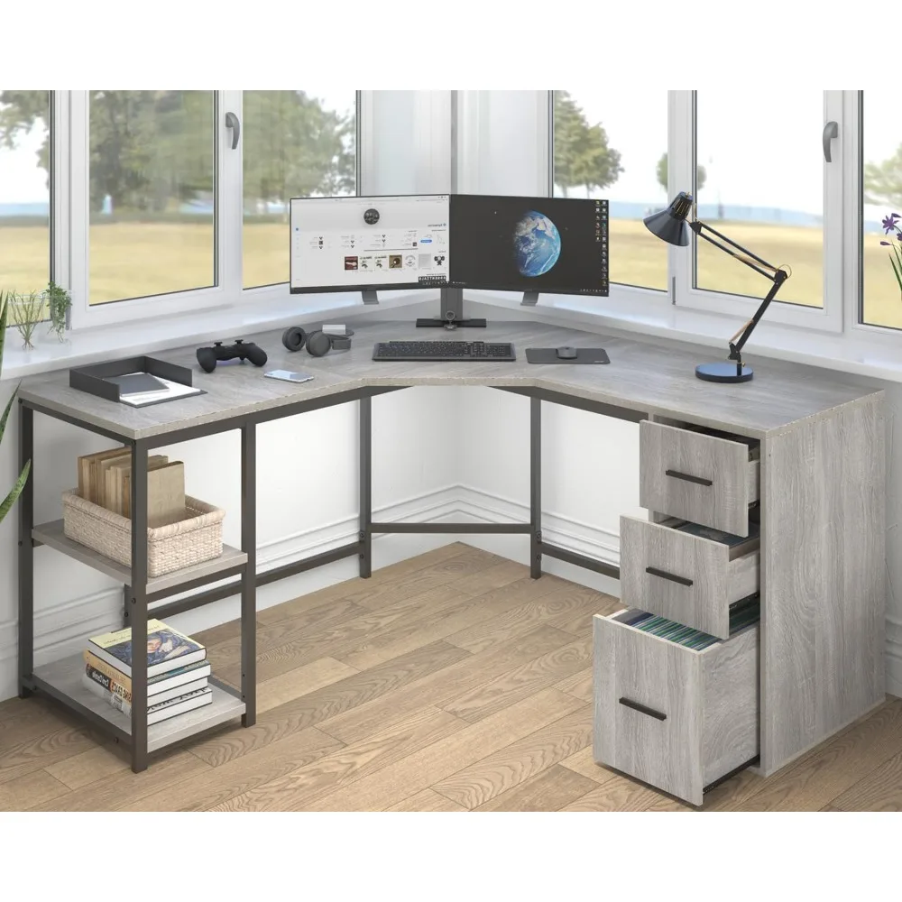 

60 L Shaped Corner Desk with 3 Drawer, Reversible Corner L Shape Computer Desk with Storage File Cabinet Shelves, Wood Metal