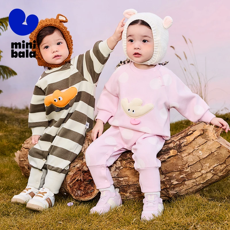 Mini Bala Long-Sleeved Pure Cotton Fleece-Lined One-Piece Outfit for Boys and Girls 2024 New Autumn and Winter Styles