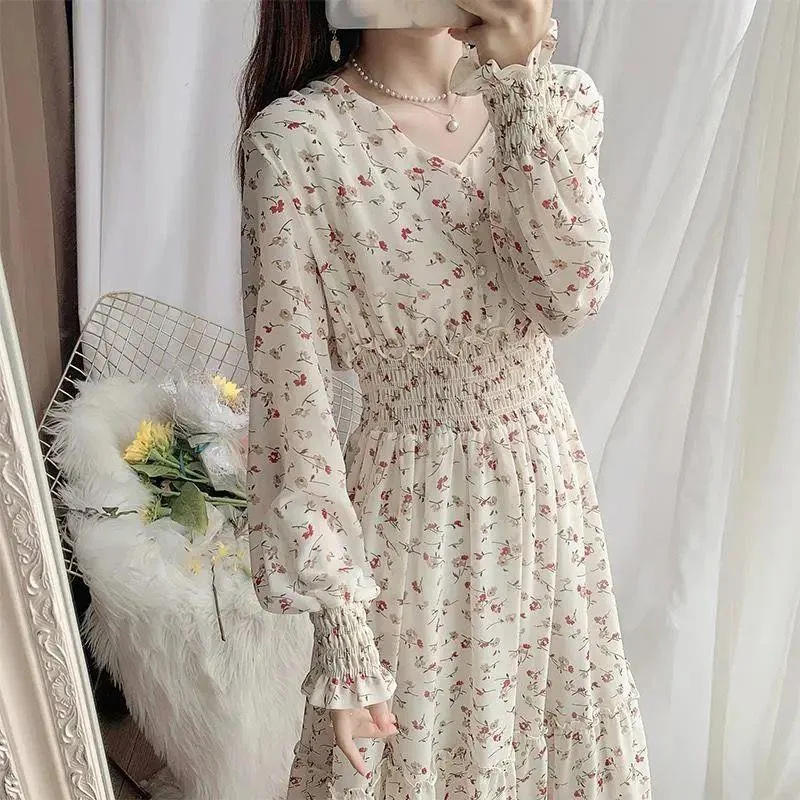 Chiffon Ruffle Slim Folds Casual Print Floral Dress Summer Long Sleeve Dresses New Spring Korean Fashion Elegant Womens Clothing