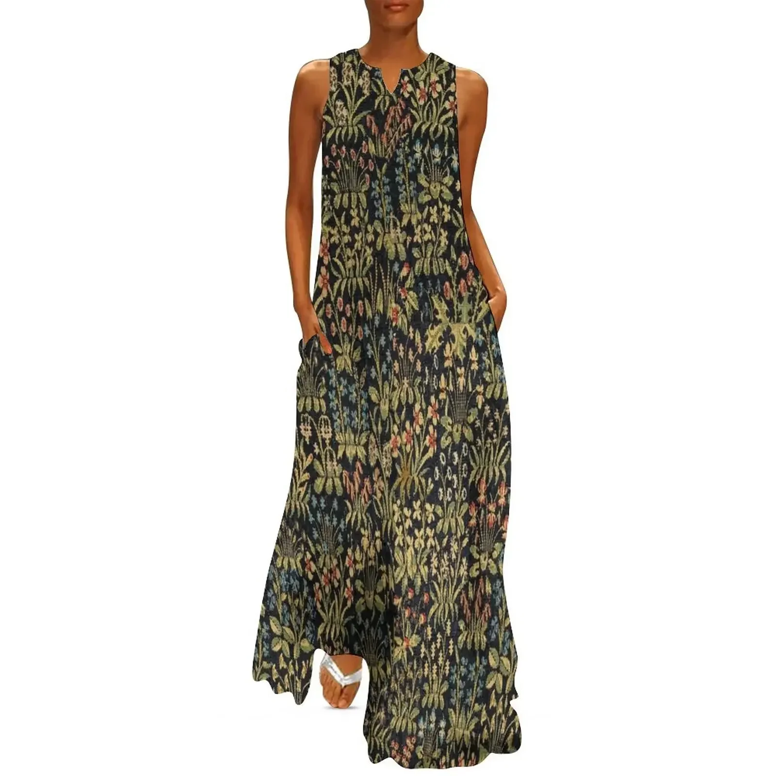 

Medieval Gothic Fantasy Flowers Tapestry Floral Pattern Long Dress elegant guest wedding dress beach outfits for women Dress