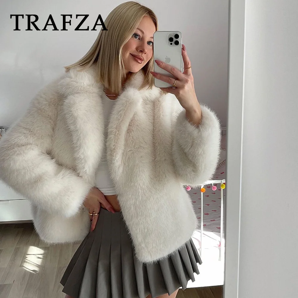 TRAFZA 2024 Autumn Winter Women Casual Thick Jackets Fashion Streetwear Elegant Solid Loose Turn Down Collar Chic Ladies Coats