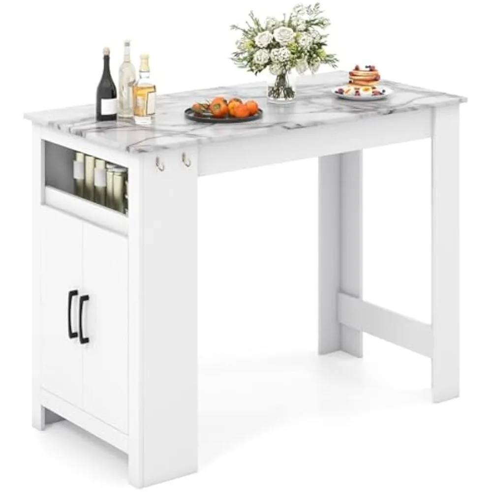 

Bar Table, Modern Faux Marble Breakfast Table with 7 Hanging Hooks, Open Compartment, Storage Cabinet & Adjustable Shelf