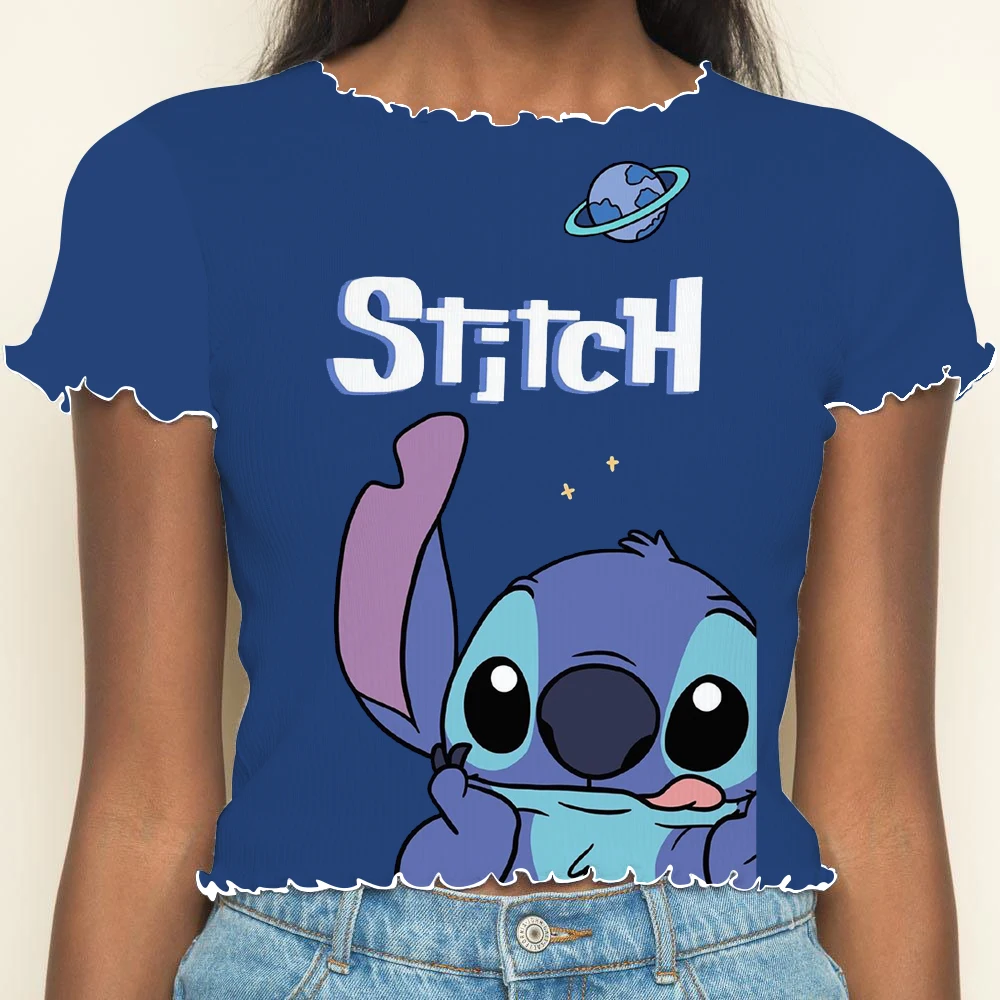 Crop Top T-shirts Disney T-shirt Y2k Tops Sexys Lettuce Trim Woman Clothing Short Sleeve Stitch Summer Clothes Women 2024 Disney