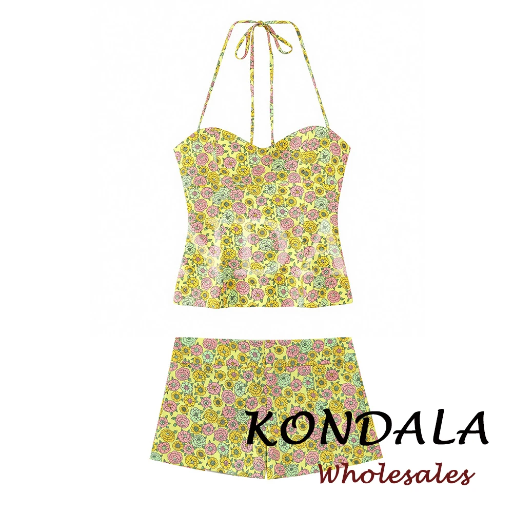 

KONDALA Chic Spring Flower Print Woman Suits Halter Neck Backless Slim Vest+Mini Shorts Fashion 2026 Holiday Female Sexy Sets