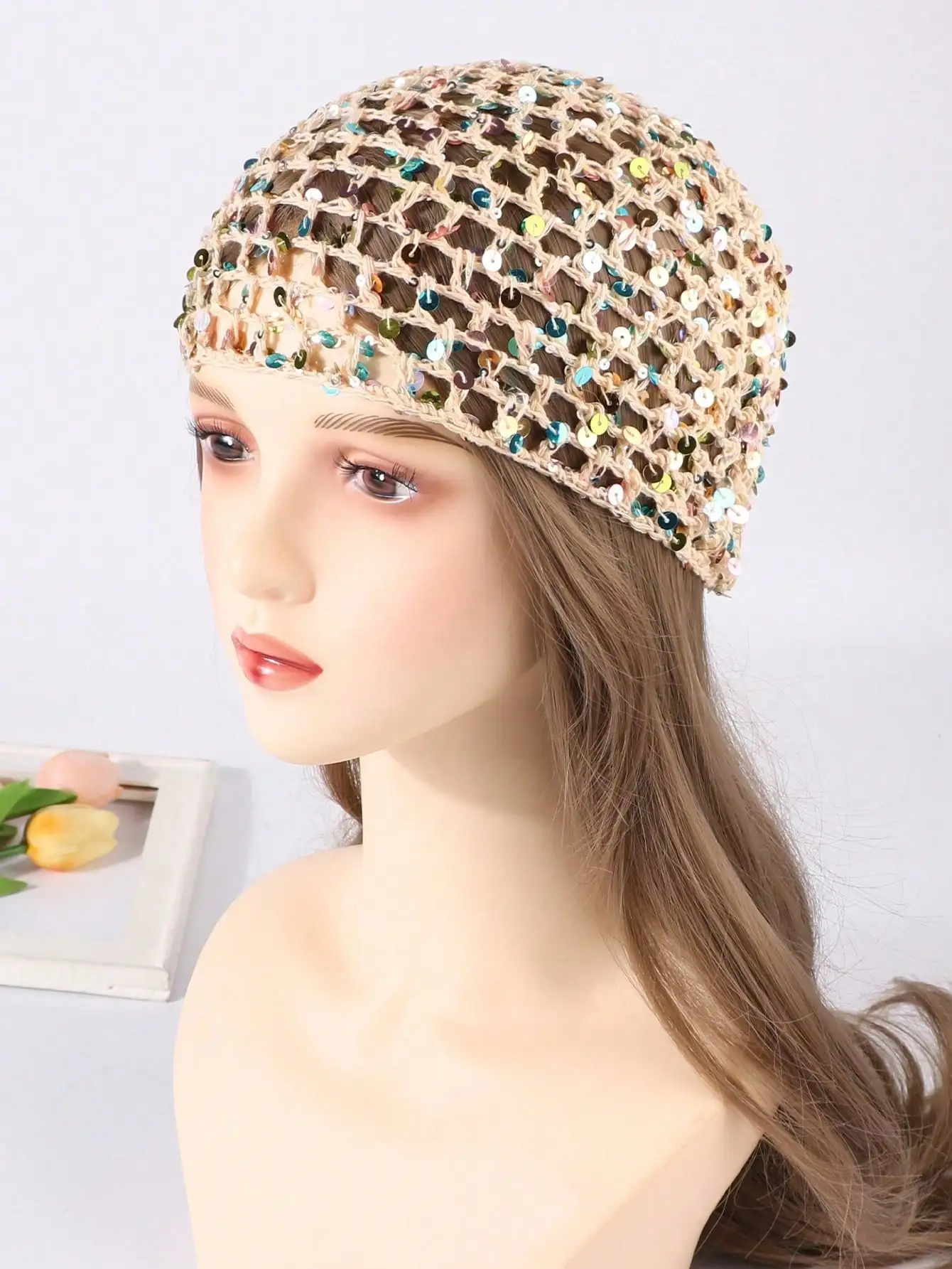 1pc Women's Fashion Hollow Lightweight Colorful Sequin Handmade Crochet Knit Hat Suitable For Bohemian Daily Wear Beach Travel