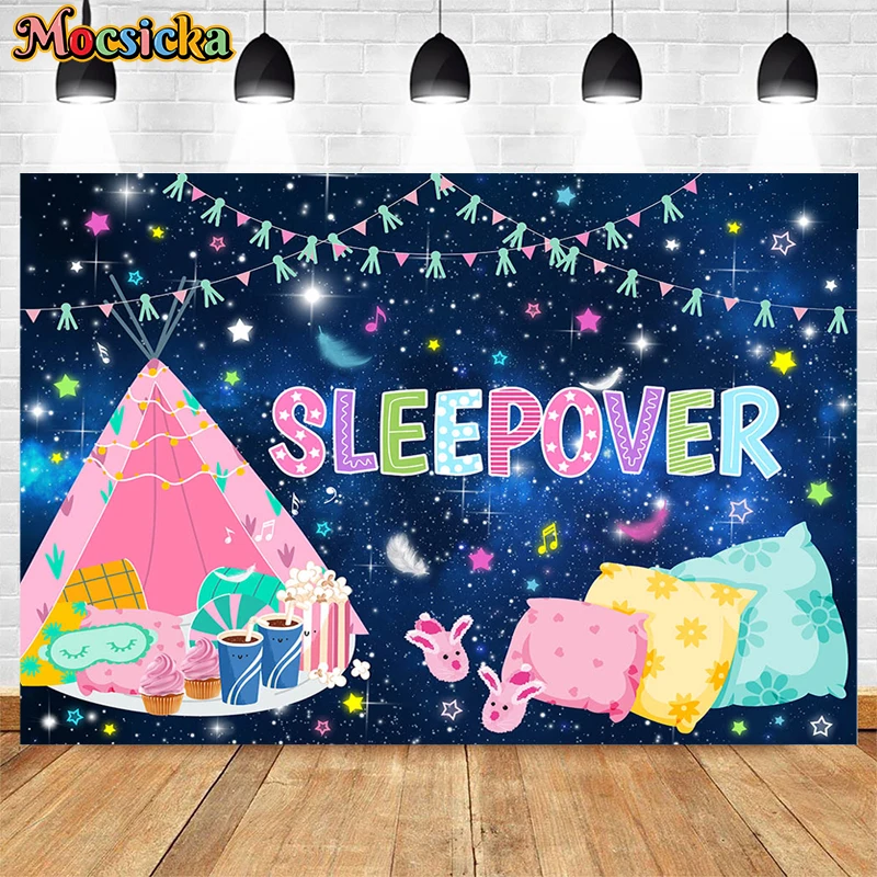 Mocsicka Magical Sleepover Birthday Backdrop Pink Dream Radio Pillow Child Portrait Backdrops Decor Prop Photo Studio Cake Smash