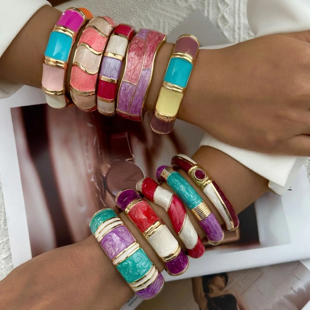 Modische Böhmische Bunte Emaille-Armreifen für Frauen Punk Goldfarben Geometrische Feder-Armreifen Charms Party-Schmuck Geschenke – Detail 1