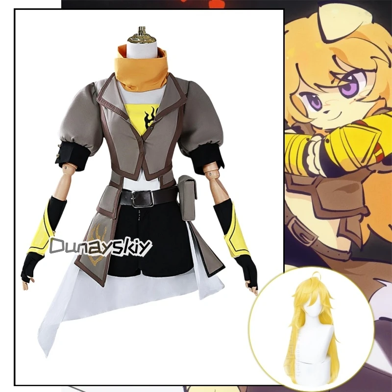 

Game Yang Xiao Long Cosplay Costume Woman Yellow Uniform Suit Halloween Party Role Play Rwby Wig Costume Outfit