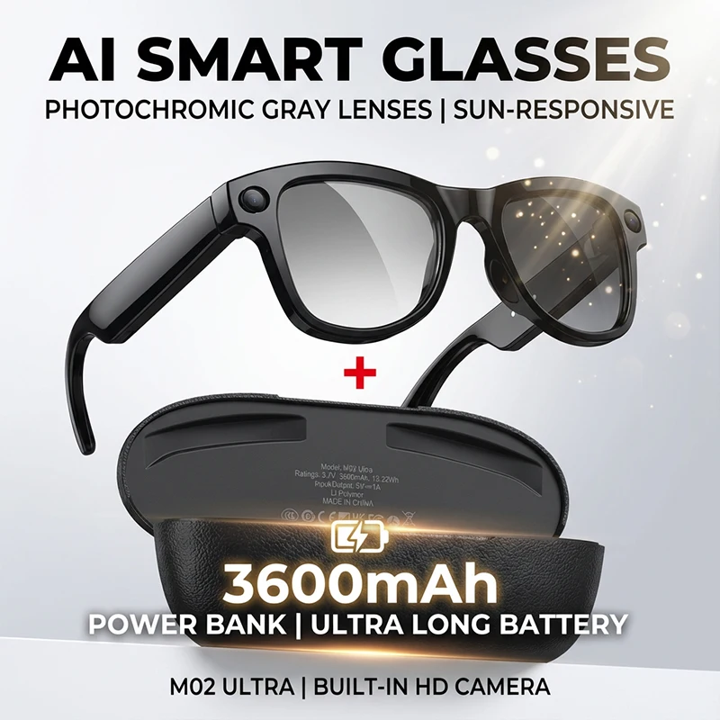 

AI Smart Glasses With Camera Video Translator Voice Assisatant Headphones Photochromic Sunglasses Charging Case Eyeglasses UV400