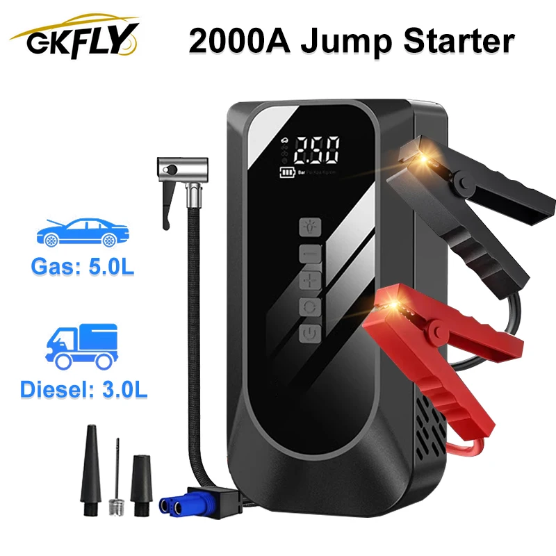 2000A Car Jump Starter Air Pump Multi-Function 4 In 1 Air Compressor Power Bank Car Battery Starter Starting Auto Tyre Inflator