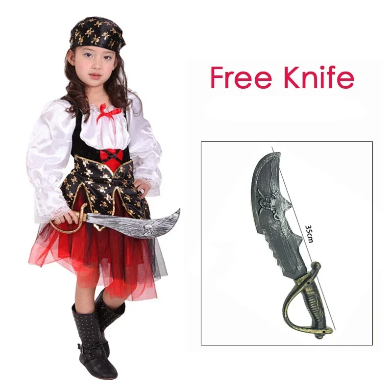 

Umorden Pirate Girl Costume for Child Kids 4-6Y 6-8Y 8-10Y With Knife Skull Print Purim Halloween Costumes Fantasia Fancy Dress