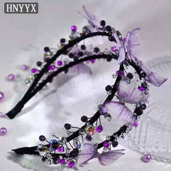 HNYYX Purple Rhinestone Wide Hairband Double Row Crystal Tiara With Butterfly Wedding Bride Wedding Hair Accessories A160