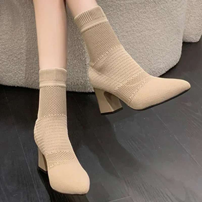 

Woman Knitted Ankle Boots 2023 Autumn Winter Women‘s Casual Low Heel Pumps Ladies Outside Shoes Female Casual Chelsea Boots