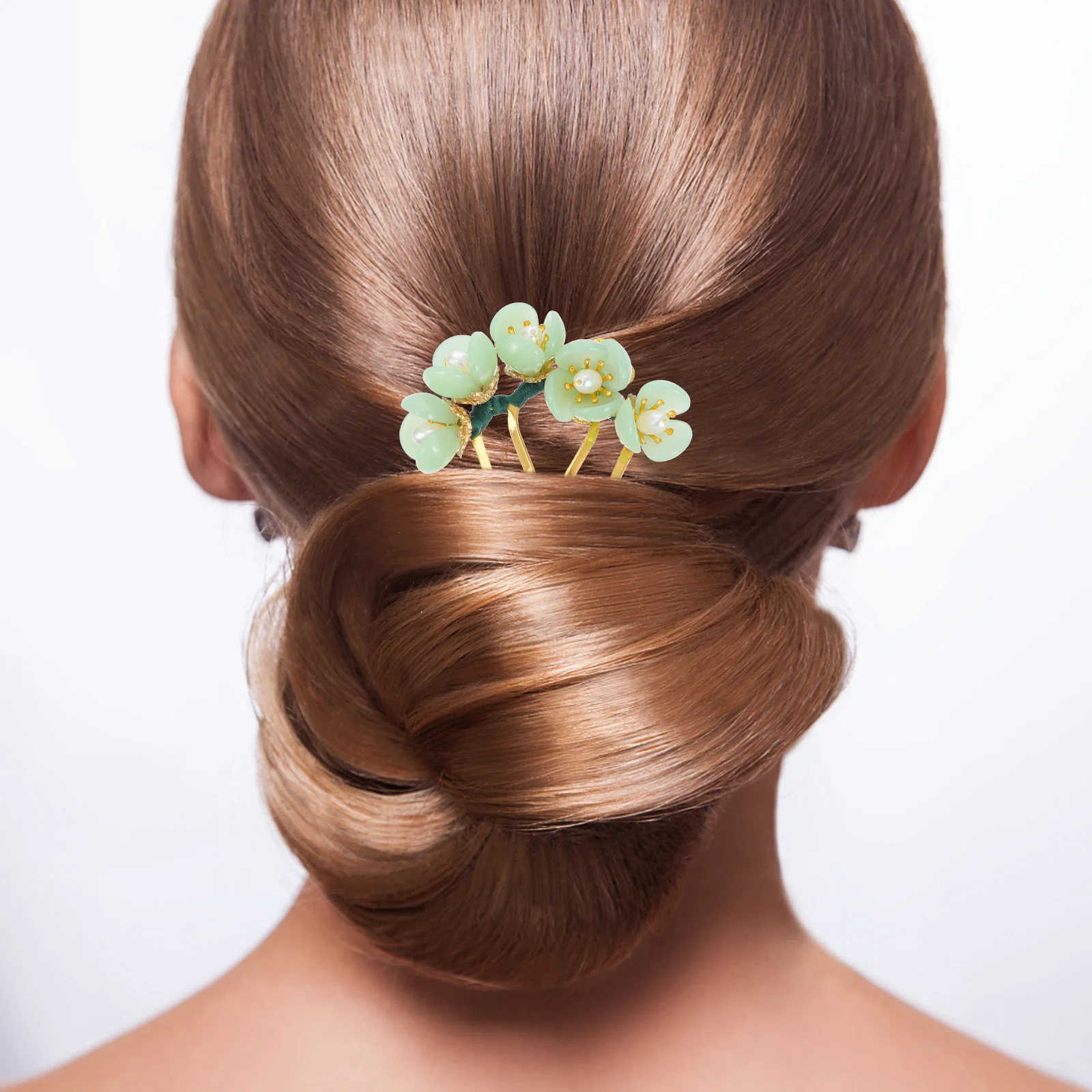 

Jade Flower Hairpin Double Gold Plated Alloy Chinese Traditional Hair Stick For Women Elegant Bun Accessories Hanfu Headdress