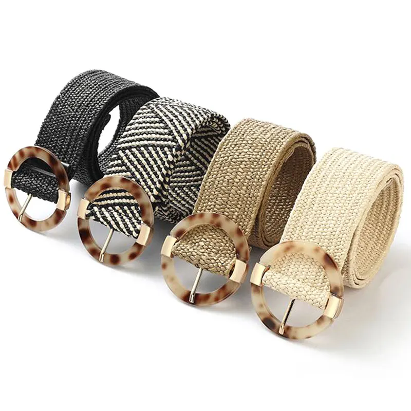 1PC Fake Straw Knitted Round Square Buckle Waistband Women Braid Belt Breathable Hollow Elastic Decorative Wide Belt Woven Belt