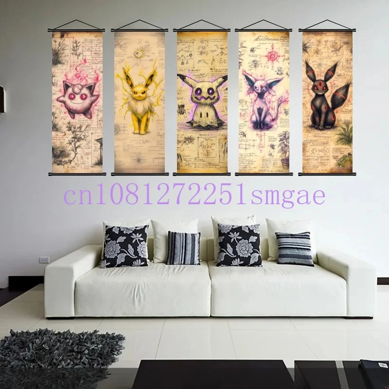 Pokemon Retro Charizard Bulbasaur Umbreon Gengar Scroll Art Cloth Anime Characters Wall Hanging Poster Halloween Xmas Decor