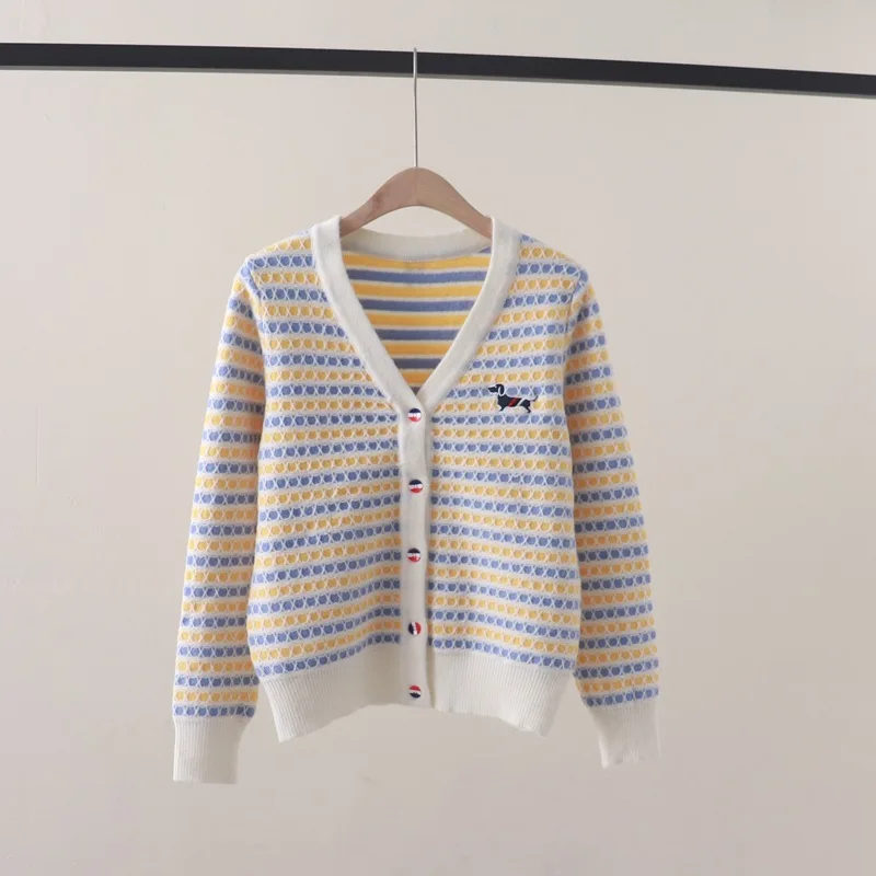 Autumn and Winter New Preppy Style Cute Youth-Looking Wave Striped Puppy EmbroideryVCollar Long Sleeve Knitted Cardigan Jacket