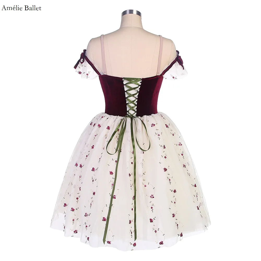 

20048 Adult Gilrs Burgundy Romantic Ballet Tutu Velvet Top Bodice with Layers Soft Tulle Tutu Skirt Stage Performance Costumes
