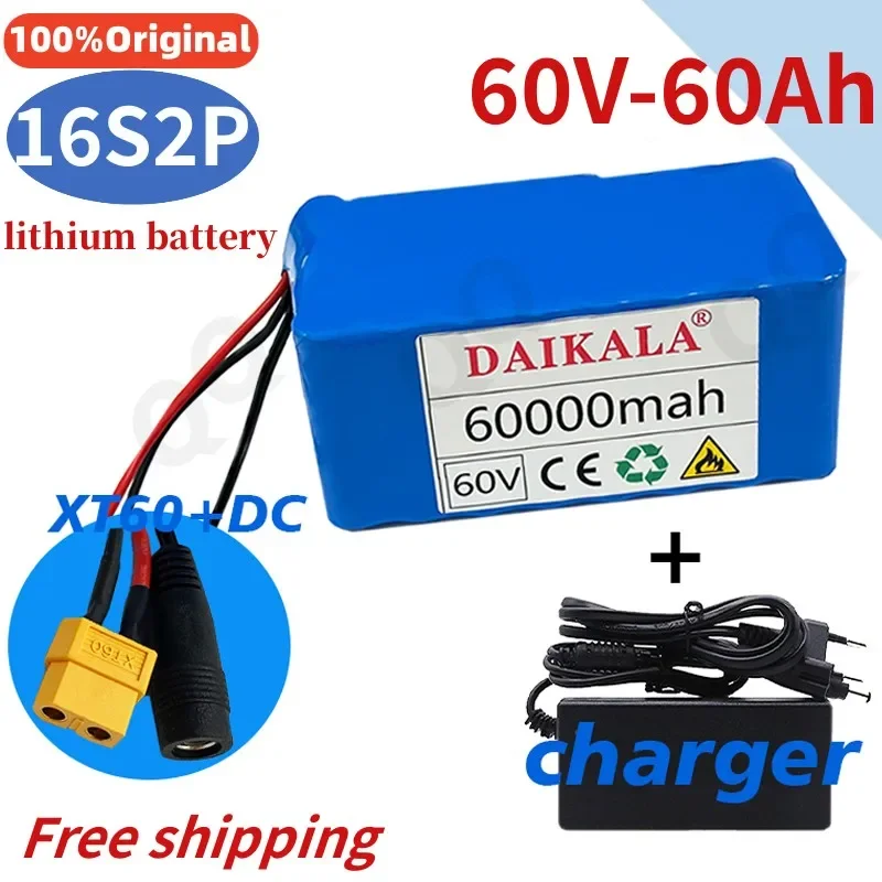 

60V 16S2P 60Ah 18650 lithium-ion battery pack 67.2V lithium-ion 60000mAh electric bicycle scooter with 30A BMS 750W 1000W