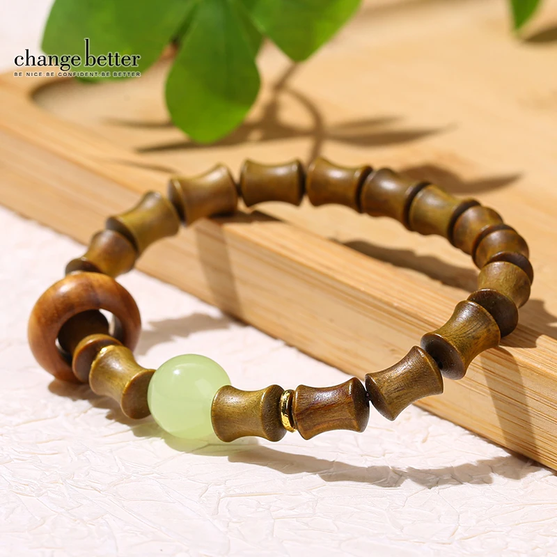 Change Better Natural Wooden Bracelet Green Sandalwood Bamboo Bead Round Ring Bracelet Women Men Chic Bring Lucky Jewelry Gift