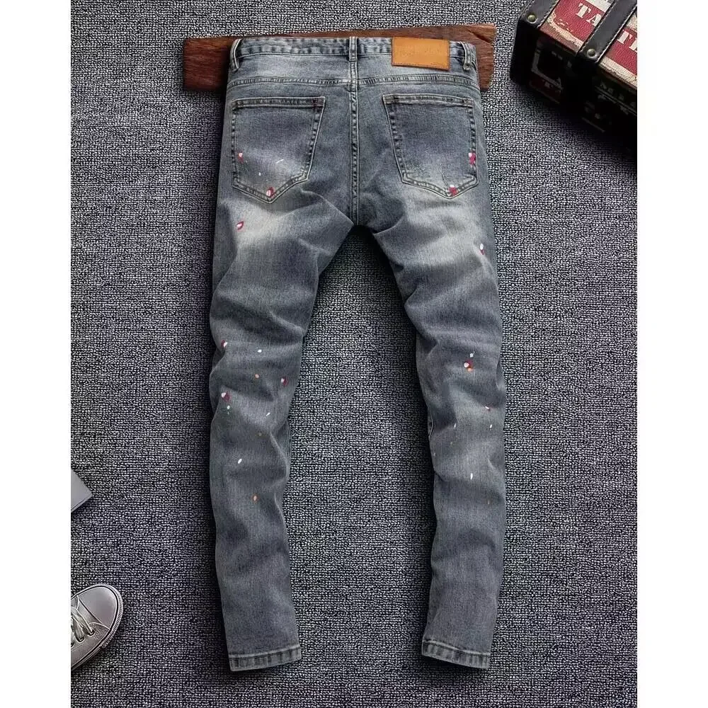 Men's Vintage Denim with Ripped Distressed Faded Slim-fit Jeans Printed High-end Streetwear Fashion Hip-hop Streetwear Jeans