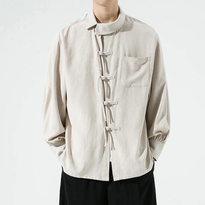 

Autumn Men's Loose Cotton Linen irt New Chinese Sle Button Design Retro Faion Youth ular Commute Suitable Hanfu irt
