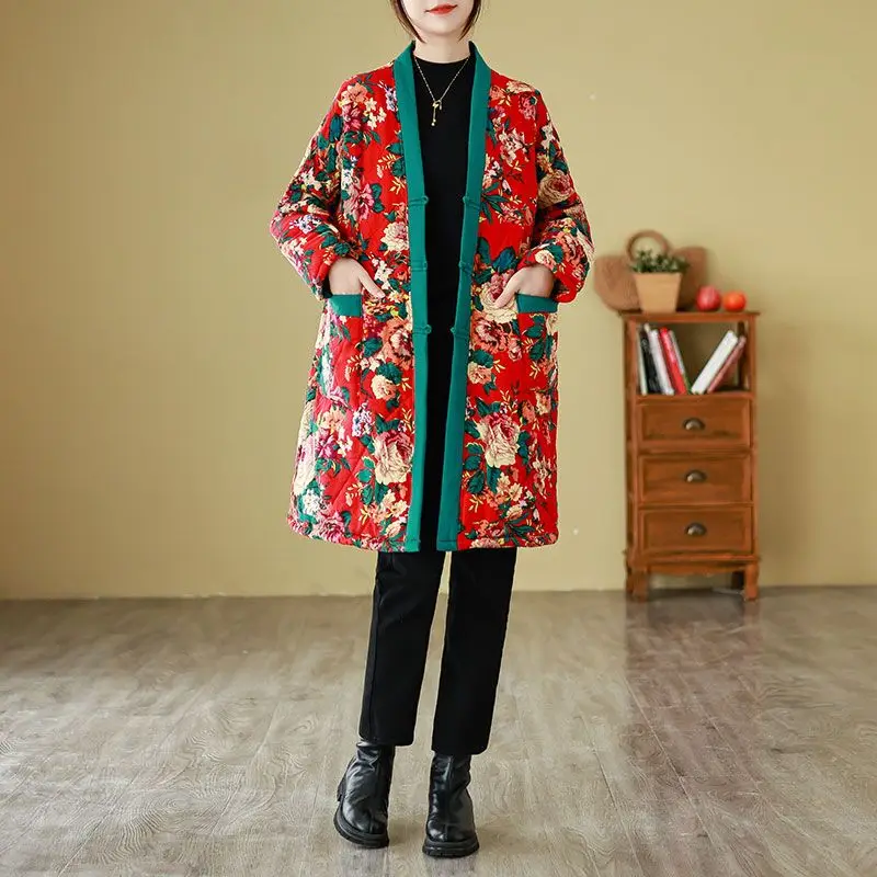 Women's Clothing Ethnic Style Printed Fleece Lining Warm Mid-length Cotton Coat Button Fastening Cotton Jacket Comfortable Warm