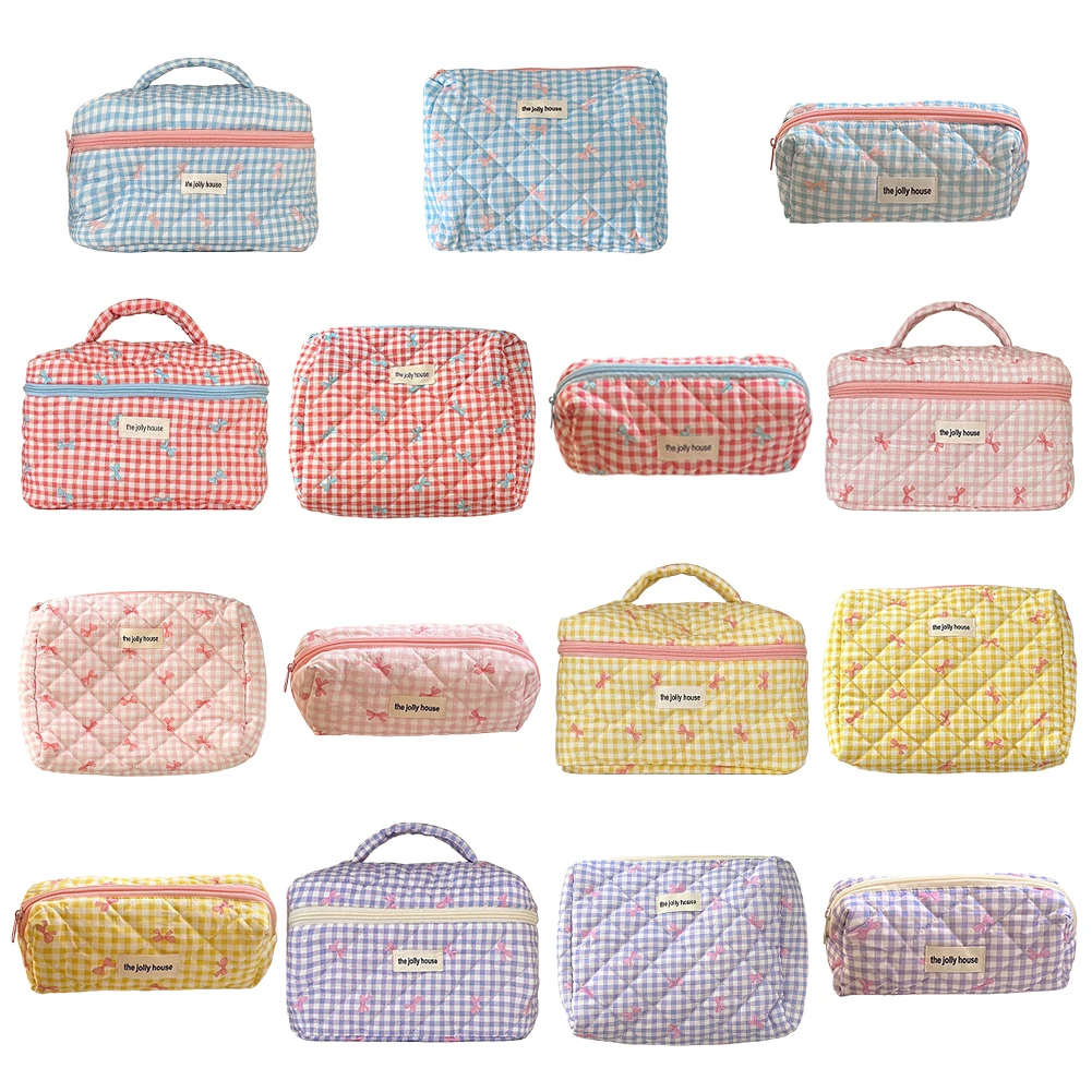 Checkered Cute Bow Makeup Bag Cotton Quilted Cosmetic Bag with Zipper Travel Makeup Pouch Toiletry Bag for Women