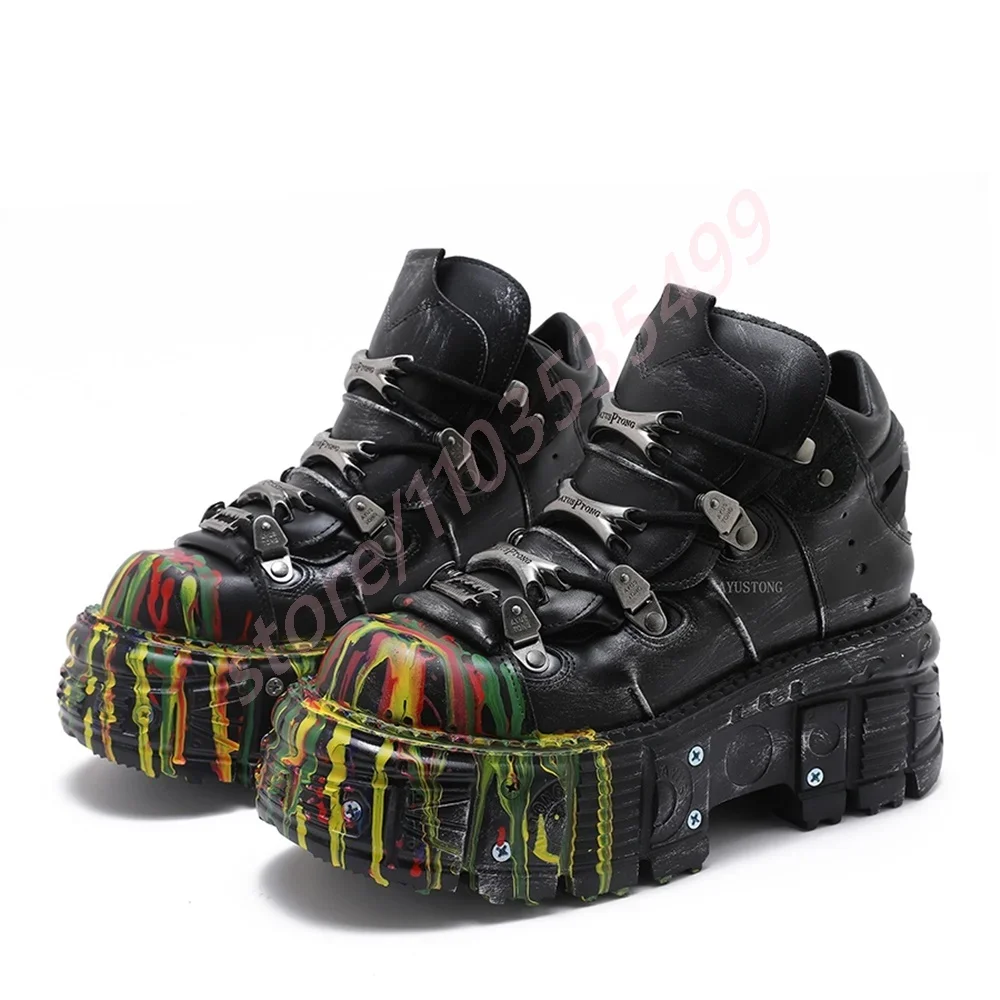 

Punk Metal Rivet Inkjet Thick Sole Boots 2025 Round New Rock Sports Casual Shoes Fashion 35-45 Lace-Up Men's/women's Short Boots