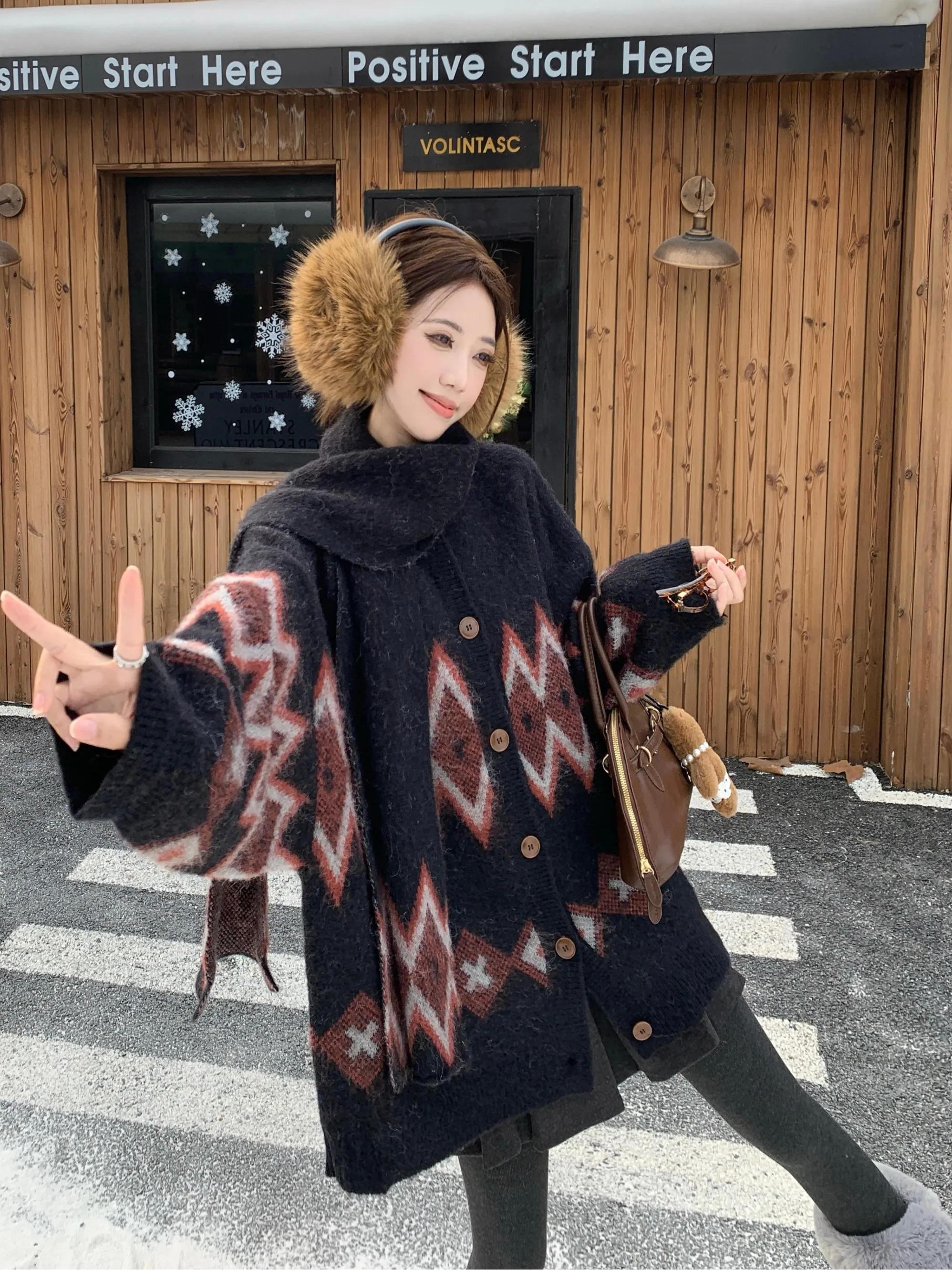 

plus Size Knitted Sweater Coat with Scarf Diamond Pattern Loose Fit Slimming Winter Outerwear Korean Style Long Sleeve Top