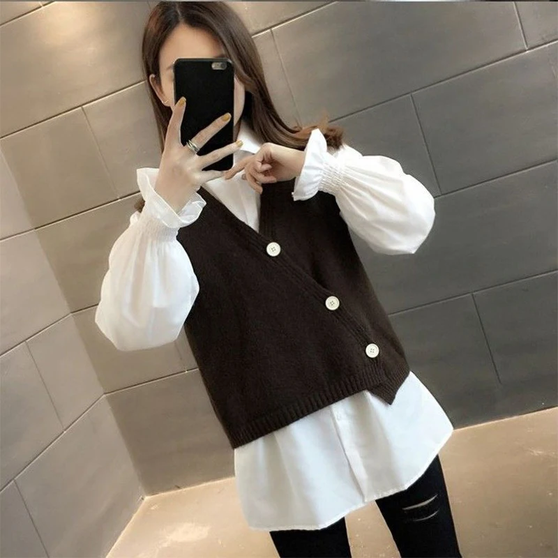 Spring Autumn Solid Color Sweater Vest White Shirt Set Ladies Loose Casual Buttons Tank Top Women Sleeveless Pullover Jumpers